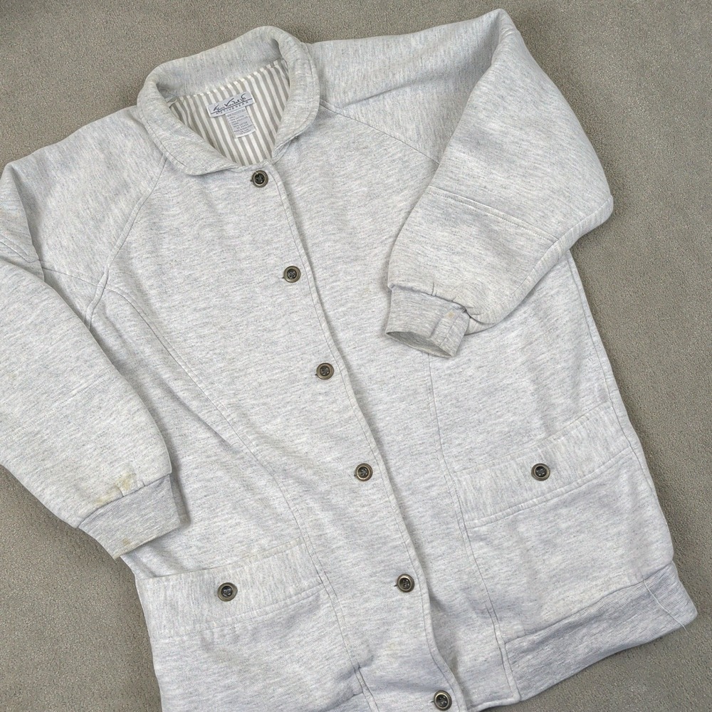 Gloria Vanderbilt OSFA Womens Gray Vintage Button Front Sweatshirt Jacket Pocket